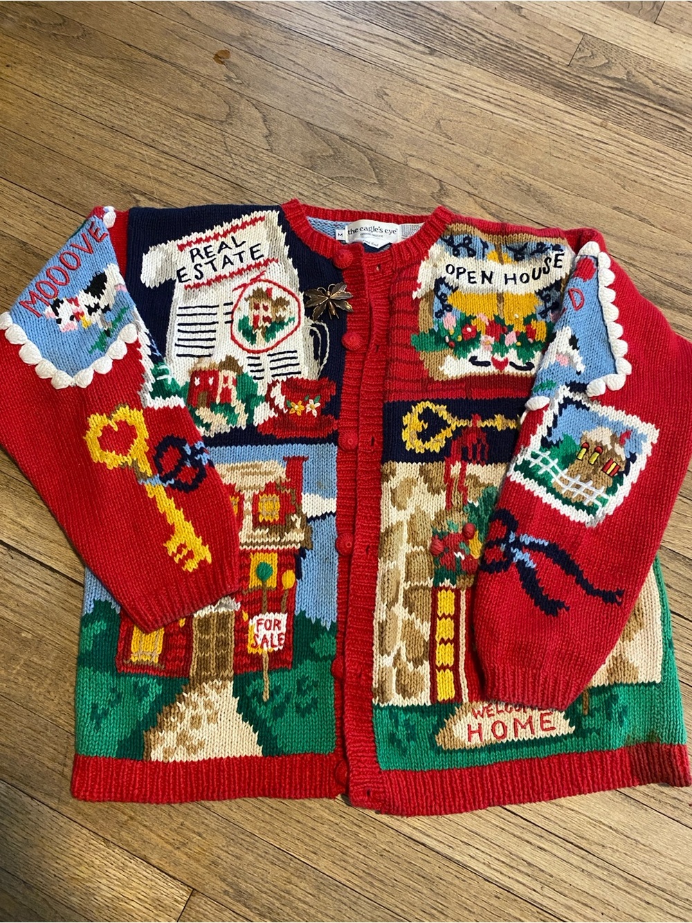 The Candle's Eye Women's Red Holiday Real Estate Cardigan Sweater 1994